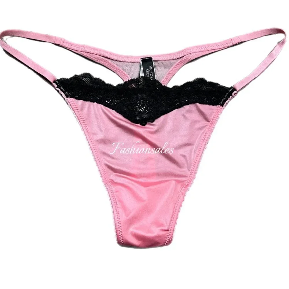 Victorias Secret RARE Supersoft Satin Lace waist Thong panty Pink  Medium